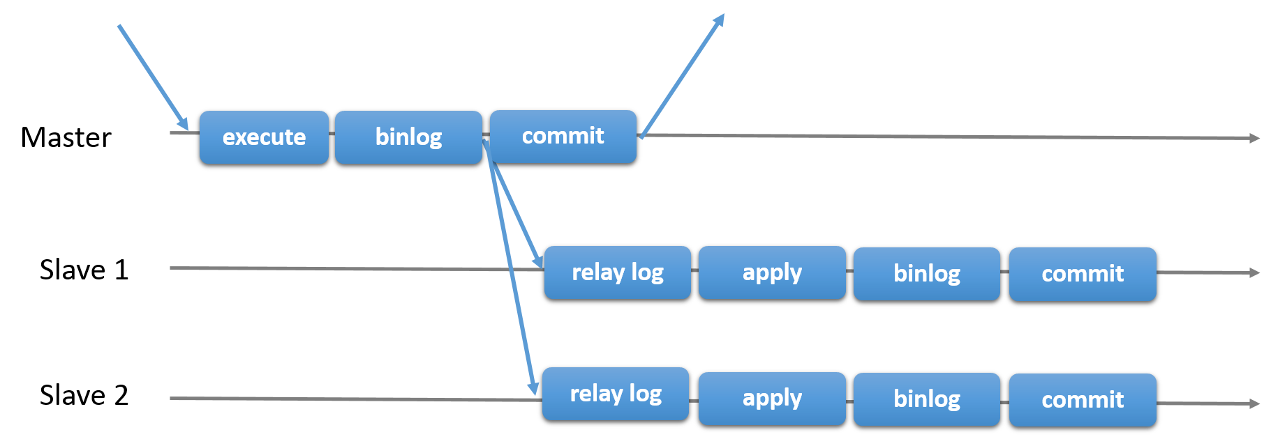 A transaction received by the master is executed, written to the binary log, then committed, and a response is sent to the client application. The record from the binary log is sent to the relay logs on Slave 1 and Slave 2 before the commit takes place on the master. On each of the slaves, the transaction is applied, written to the slave's binary log, and committed. The commit on the master and the commits on the slaves are all independent and asynchronous.