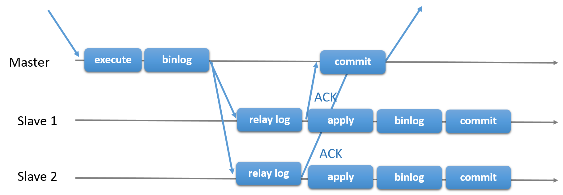 A transaction received by the master is executed and written to the binary log. The record from the binary log is sent to the relay logs on Slave 1 and Slave 2. The master then waits for an acknowledgement from the slaves. When both of the slaves have returned the acknowledgement, the master commits the transaction, and a response is sent to the client application. After each slave has returned its acknowlegement, it applies the transaction, writes it to the binary log, and commits it. The commit on the master depends on the acknowledgement from the slaves, but the commits on the slaves are independent from each other and from the commit on the master.