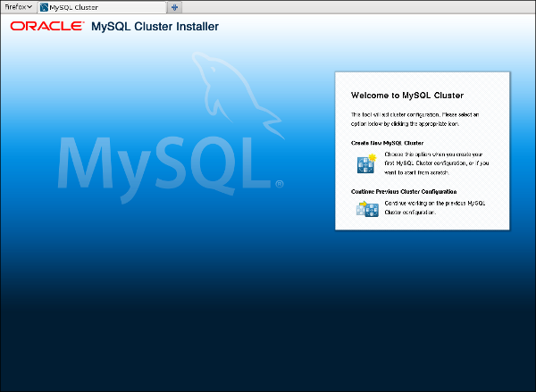 The welcome screen includes two options: "Create New NDB Cluster", and "Continue Previous Cluster Configuration".
